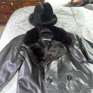 Black Full-Length Leather Coat with Mink Fur Collar and Matching Mink Fadora